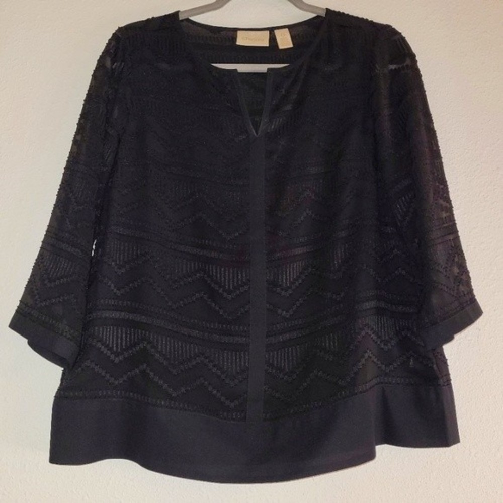 Chico's Sheer Aztec Print V-Neck  Black Women's Size 0 (Size 4- Small)